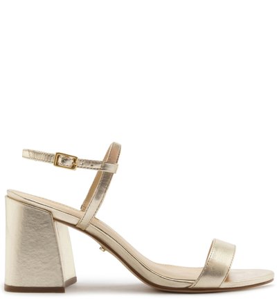 Sandália Couro Salto Bloco Tiras Platino