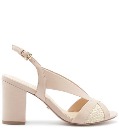 Sandália Couro Salto Bloco Ráfia Tiras Gergelim e Natural